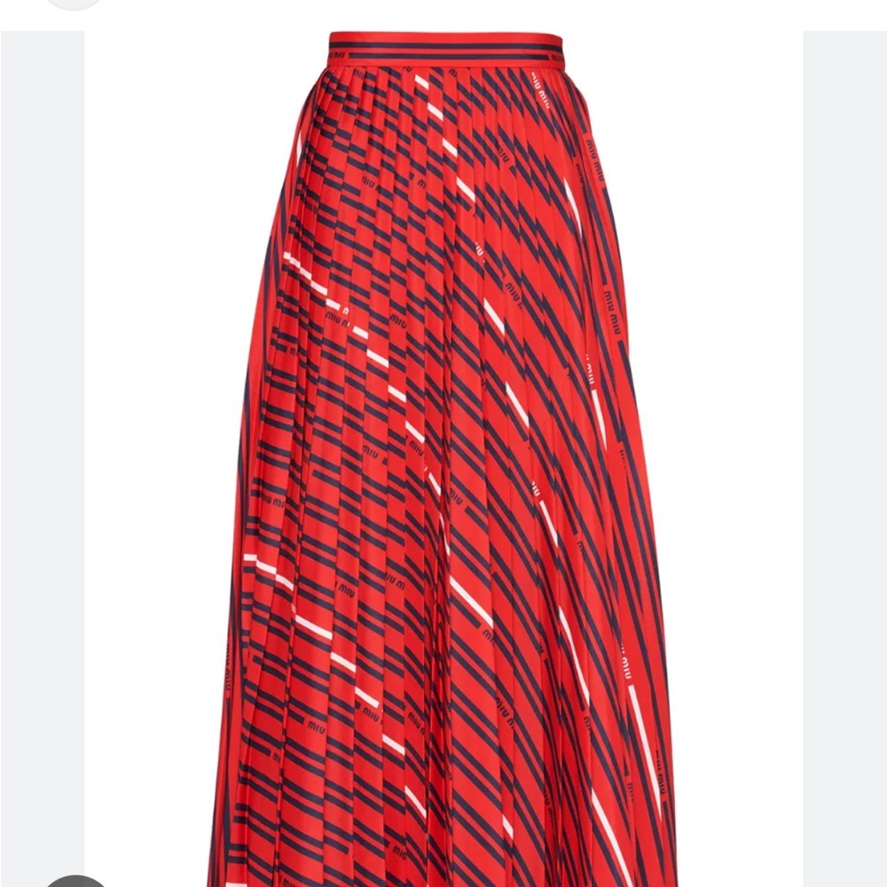 Miu Miu Logo Print Stylish Red and Navy Women's Pleated Midi Skirt New with Tags